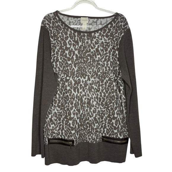 Chico's Sweaters - Chicos Womens Size 2/Large Brown Leopard Print Sweater Zipper Detail Wool Knit